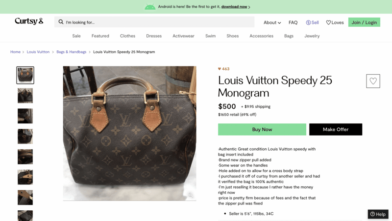 Curtsy product page for Louis Vuitton bag