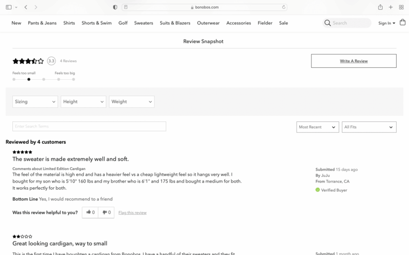 Bonobos website user reviews with black on white text.