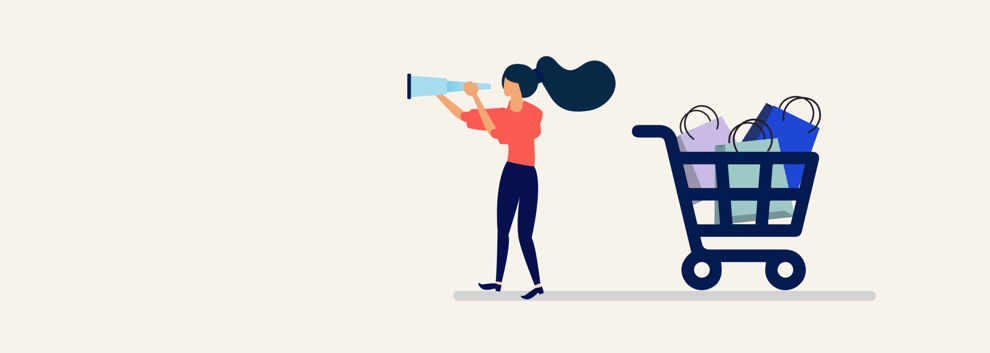 Woman looking through telescope standing by shopping cart