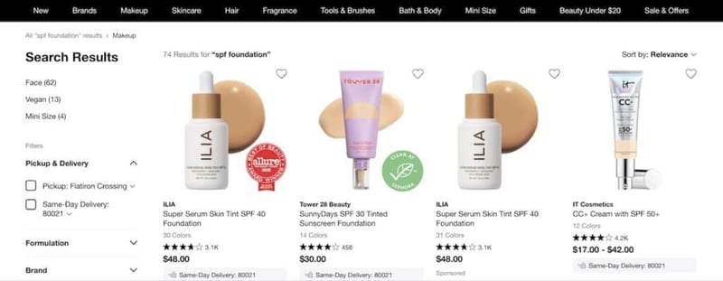 highlighted facets for search results on the Sephora ecommerce website