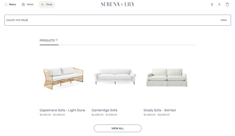 Serena & Lily white couches for "couch not blue" query