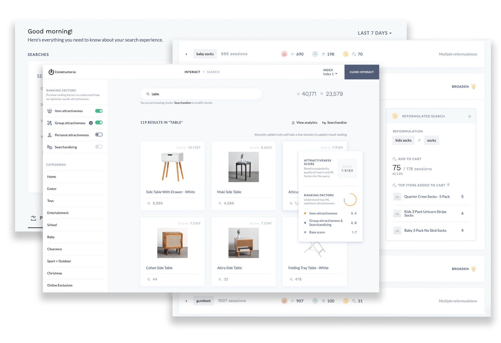 Various Constructor dashboards for frustrated searches and Interact mode data